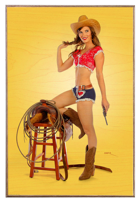 A Real Cowgirl Saddle Vintage Pin-Up Girl Art Rendering - Prints54.com