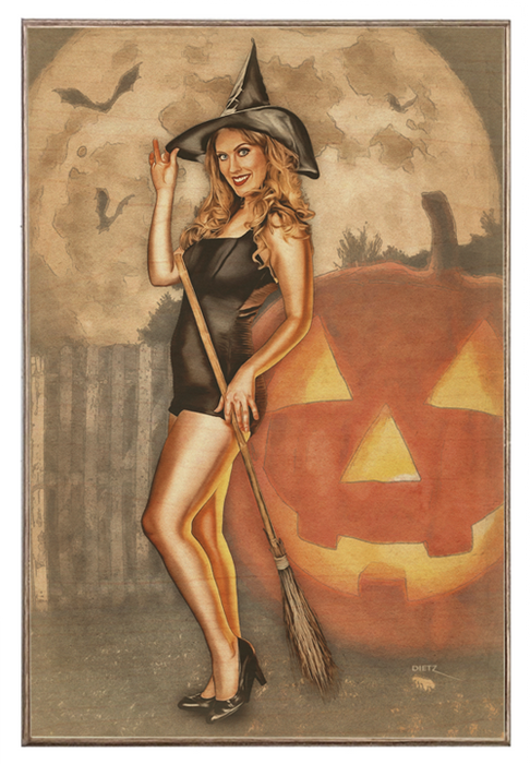 Be-Witching Halloween Witch Vintage Pin-Up Girl Art Rendering - Prints54.com