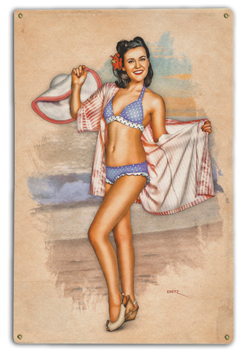 Beach Arrival Vintage Pin-Up Girl Art Rendering - Prints54.com