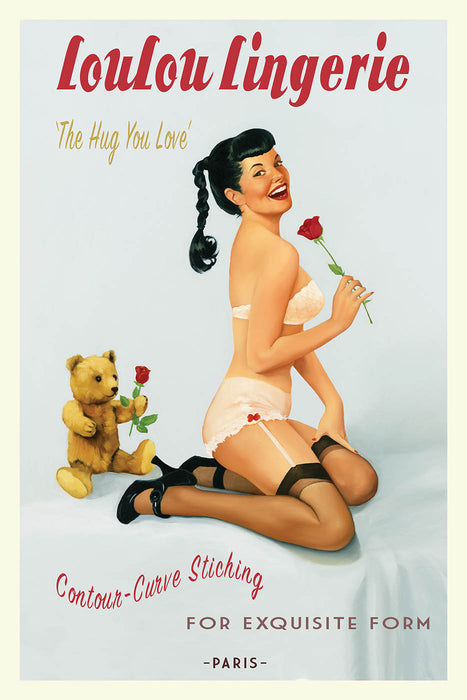 Americana Bear Behind Vintage Pin-Up Girl Stockings Art Rendering - Prints54.com