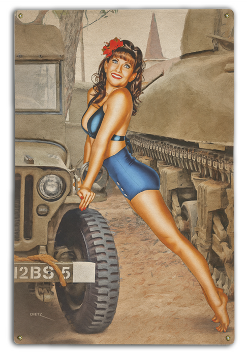 War Years WW2 Beautiful Hardware Jeep Vintage Military Pin-Up Girl Art Rendering - Prints54.com