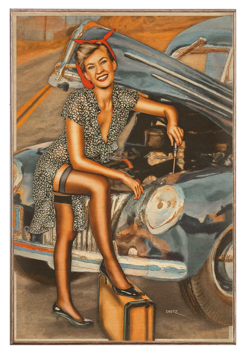 Car Trouble Garage Mechanic Pin-Up Art Rendering - Prints54.com