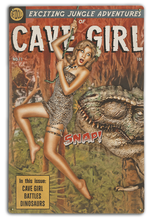 Cave Girl Jurassic Park T-Rex Retro Pin-Up Girl Art Rendering - Prints54.com