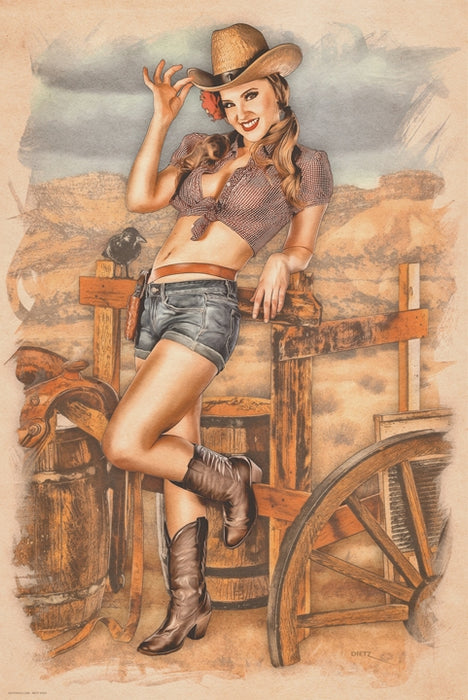 Cowgirl Kayla Fence Riding Pin-Up Art Rendering - Prints54.com