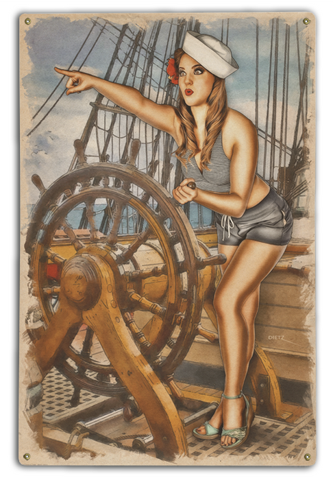 Dead Ahead! Sailing Ship At Sea Vintage Pin-Up Girl Art Rendering - Prints54.com