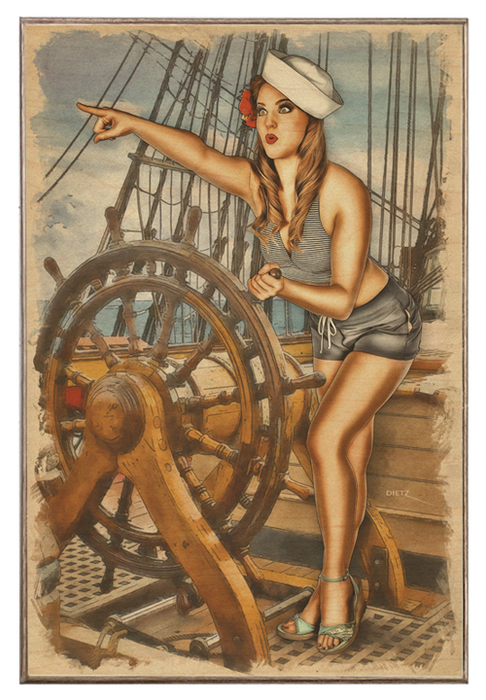 Dead Ahead! Sailing Ship At Sea Vintage Pin-Up Girl Art Rendering - Prints54.com