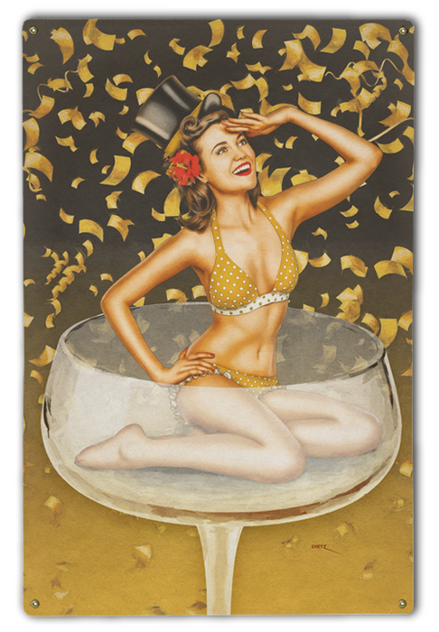 Drink to a New Year Vintage Pin-Up Art Rendering - Prints54.com