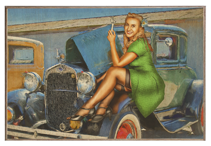 Elbow Grease Mechanic Vintage Car Pin-Up Girl Art Rendering - Prints54.com