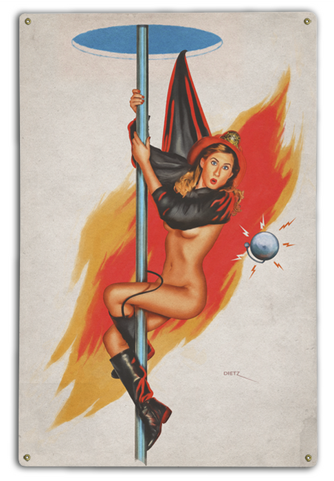 Firefighter Down The Pole Vintage Pin-Up Girl Art Rendering - Prints54.com