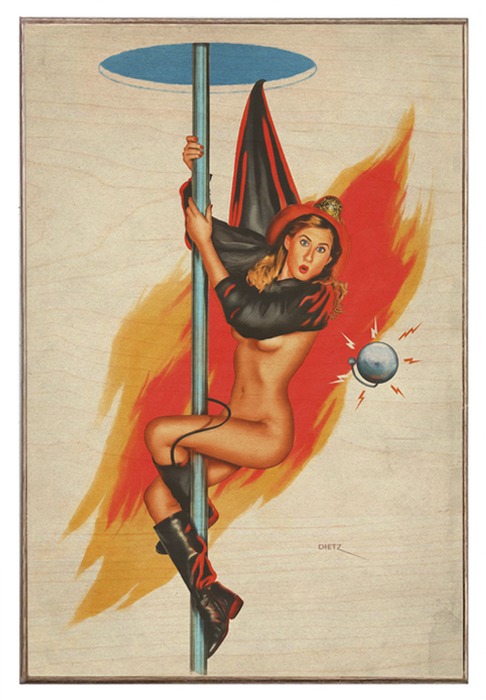 Firefighter Down The Pole Vintage Pin-Up Girl Art Rendering - Prints54.com