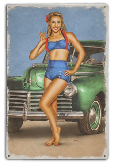 Green Glamour Classic Automobile Pin-Up Girl Art Rendering - Prints54.com