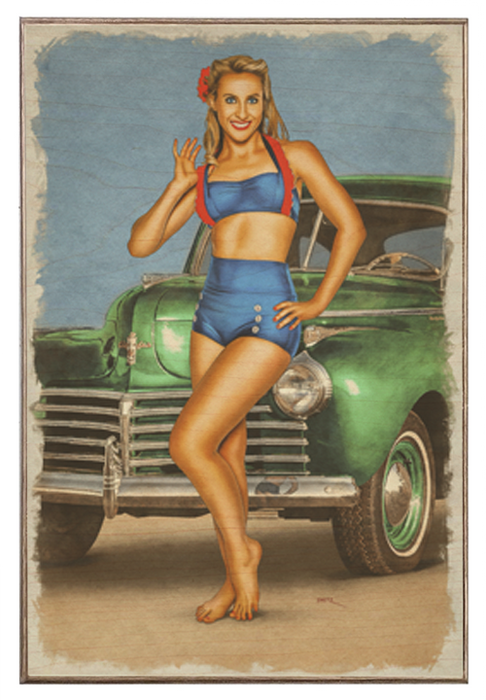 Green Glamour Classic Automobile Pin-Up Girl Art Rendering - Prints54.com