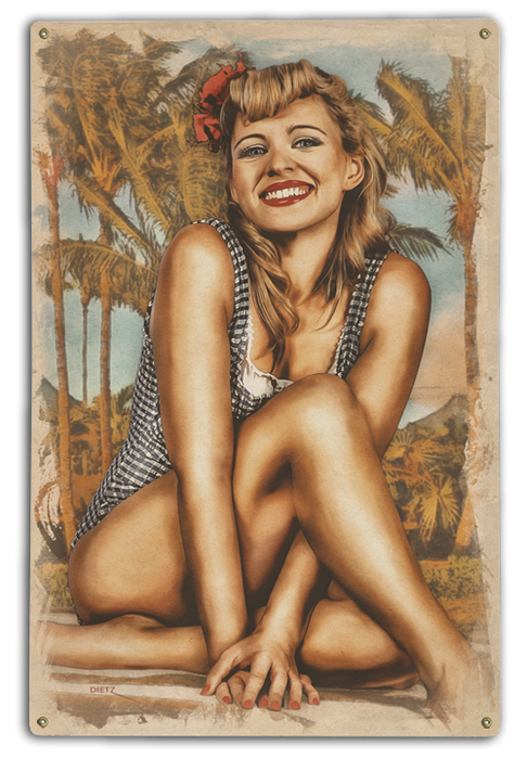 Hawaiian Honey At The Beach Vintage Pin-Up Girl Art Rendering - Prints54.com