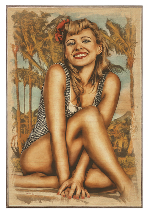 Hawaiian Honey At The Beach Vintage Pin-Up Girl Art Rendering - Prints54.com