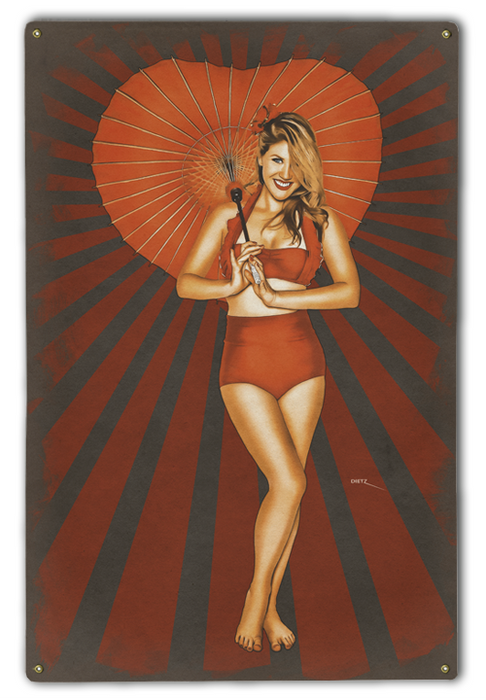 Vintage Pin-Up Girl Heart Shaped Parasol Art Rendering - Prints54.com