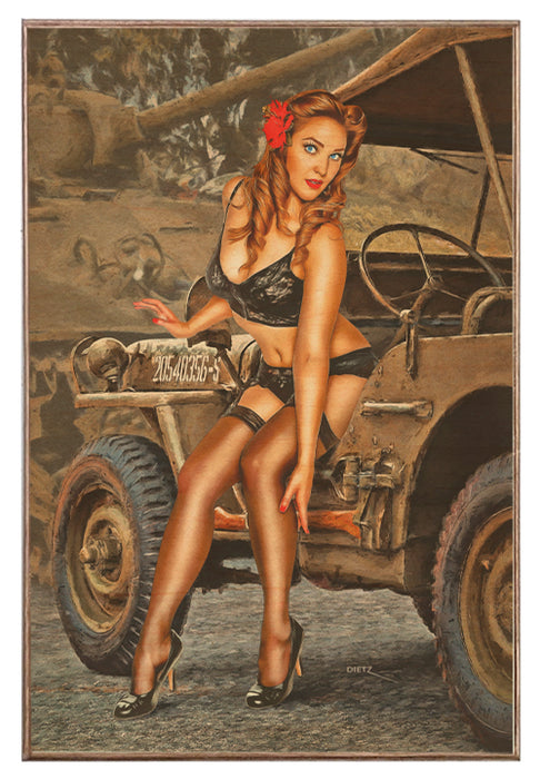 I Borrowed your Jeep WW2 Pin-Up Girl Art Rendering - Prints54.com