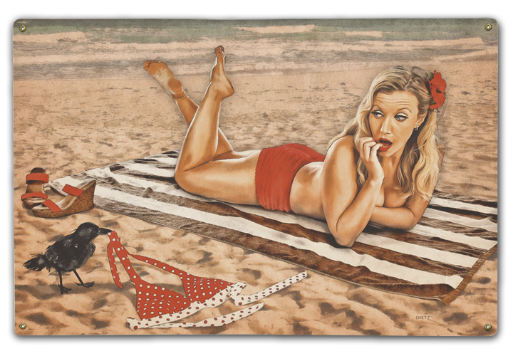 Little Thief At The Beach Vintage Pin-Up Girl Art Rendering - Prints54.com