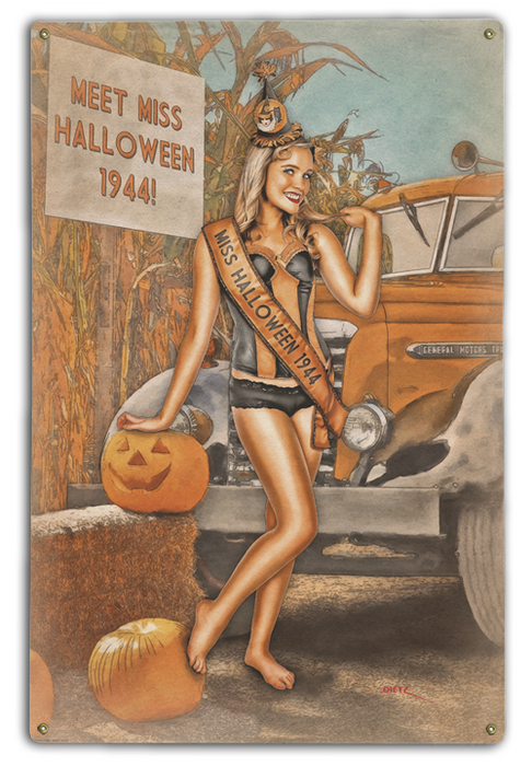 Miss Halloween Pumpkin Patch Retro Pin-Up Girl Art Rendering - Prints54.com