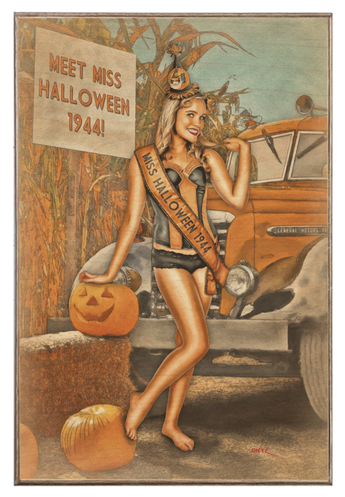 Miss Halloween Pumpkin Patch Retro Pin-Up Girl Art Rendering - Prints54.com