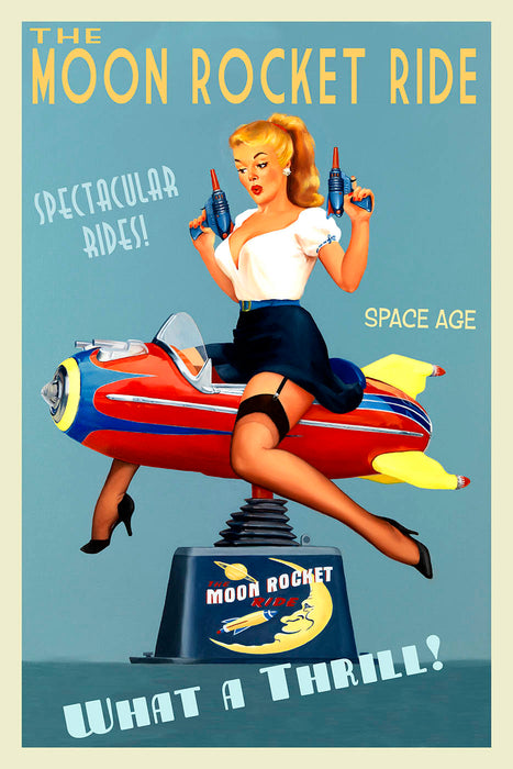 Retro Pin-Up Girl Moon Rocket Ride Art Rendering - Prints54.com