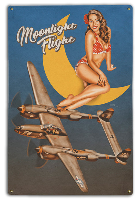 P-38 Lightning Moonlight Flight Military Pin-Up Girl Art Rendering - Prints54.com