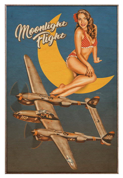 P-38 Lightning Moonlight Flight Military Pin-Up Girl Art Rendering - Prints54.com