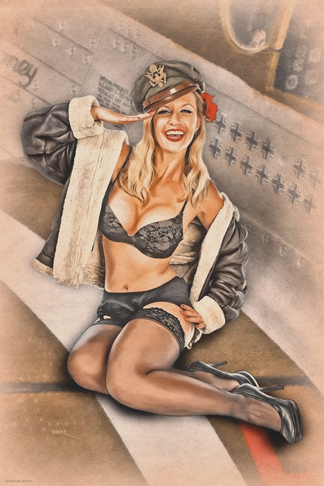 Mustang Salute WW2 Pilot Vintage Pin-Up Girl Art Rendering - Prints54.com