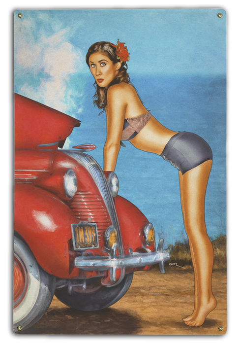 Retro Pin-Up Girl Need a Tow? Car Breakdown Art Rendering - Prints54.com