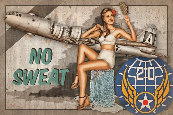 US 20th Air Force No Sweat Bomber Vintage Military Pin-Up Girl Art Rendering - Prints54.com