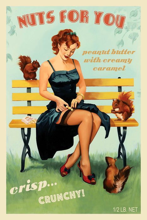 Vintage Pin-Up Girl Nuts For You Squirrels At Park Art Rendering - Prints54.com