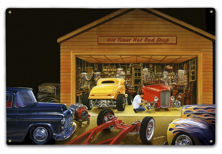 Old Timer Hot Rod Shop Vintage Classic Garage Cars Wood And Metal Sign - Prints54.com