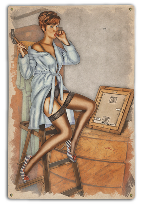 Ouch! Hammer And Thumb Vintage Pin-Up Girl Art Rendering - Prints54.com