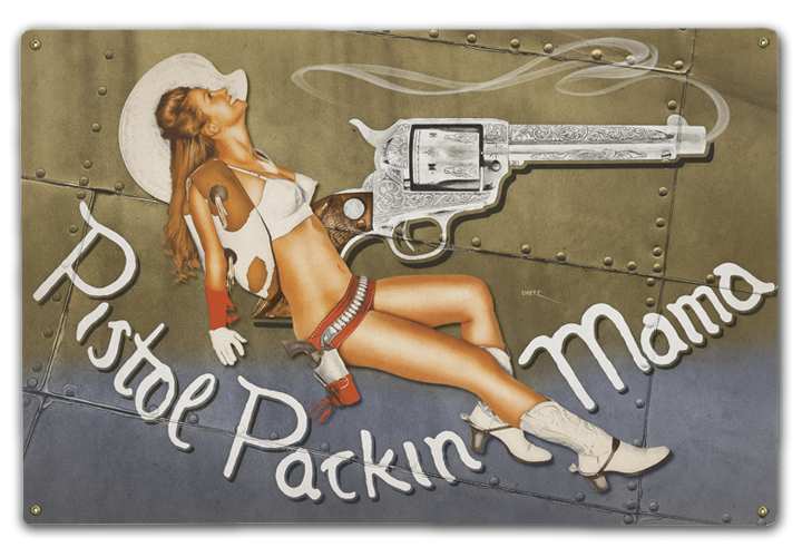 Pistol Packin Mama WW2 Bomber Nose Art Vintage Pin-Up Girl Art Rendering - Prints54.com