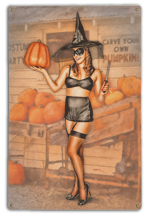 Pumpkin Carving Witch Costume Vintage Pin-Up Girl Art Rendering - Prints54.com