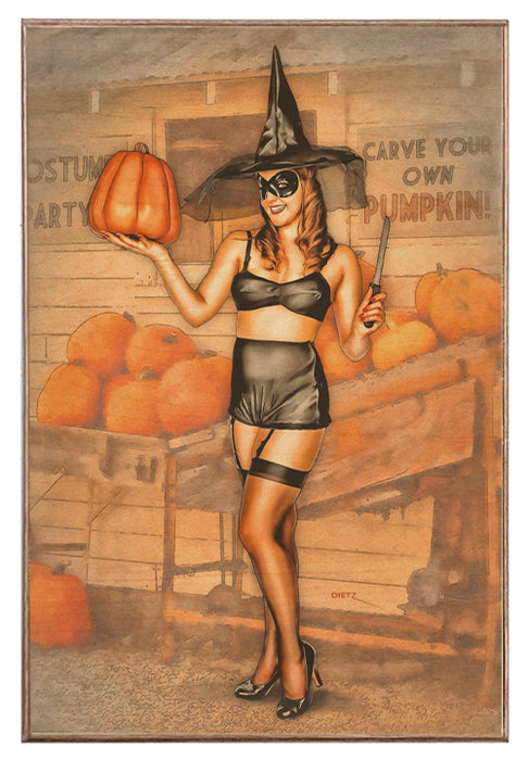 Pumpkin Carving Witch Costume Vintage Pin-Up Girl Art Rendering - Prints54.com