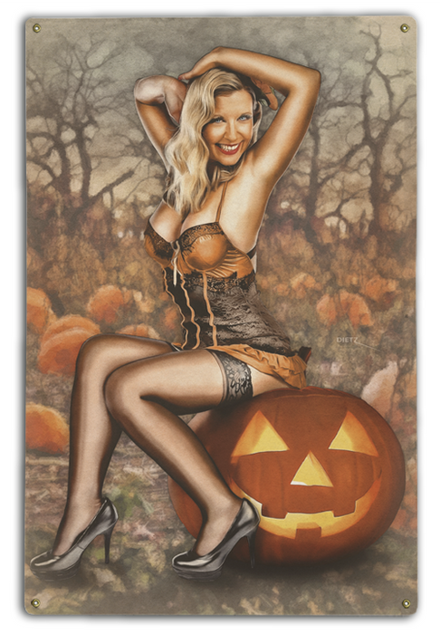 Pumpkin Patch Surprise Halloween Jack-O-Lantern Vintage Pin-Up Girl Art Rendering - Prints54.com