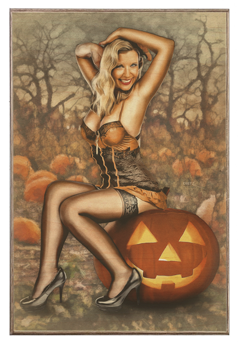 Pumpkin Patch Surprise Halloween Jack-O-Lantern Vintage Pin-Up Girl Art Rendering - Prints54.com