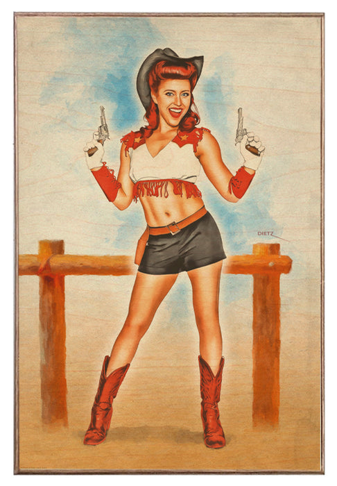 Cowgirl Put 'Em up! 6-Shooter Vintage Pin-Up Girl Art Rendering - Prints54.com