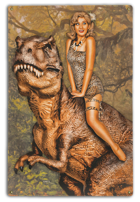 Queen of the Dinosaurs T-Rex Vintage Jungle Pin-Up Girl Art Rendering - Prints54.com