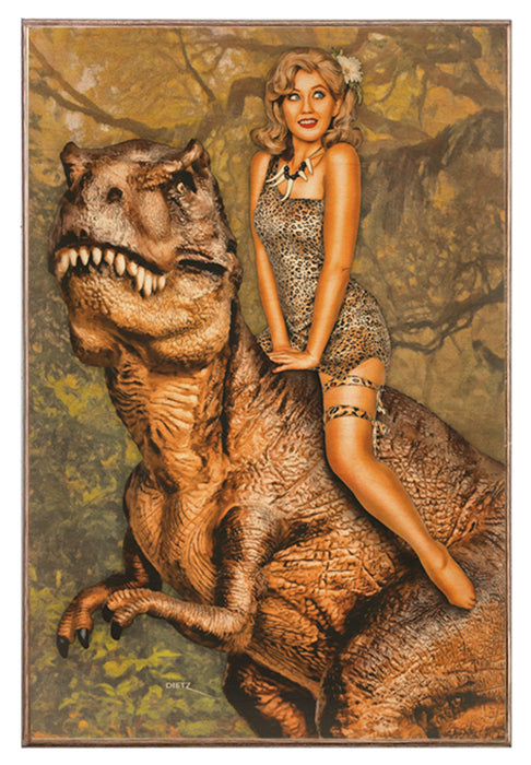 Queen of the Dinosaurs T-Rex Vintage Jungle Pin-Up Girl Art Rendering - Prints54.com