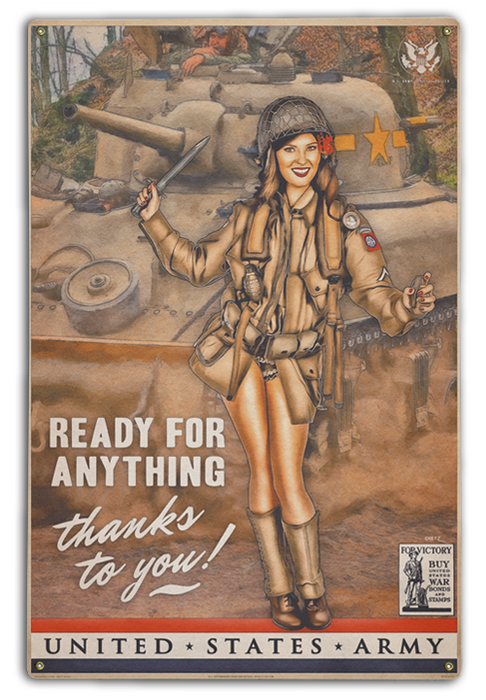 Sherman Tank WW2 Ready for Anything! Vintage Pin-Up Girl Art Rendering - Prints54.com