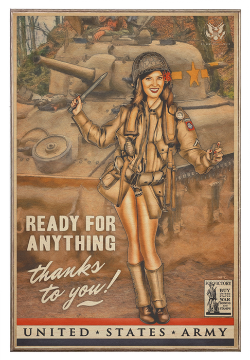 Sherman Tank WW2 Ready for Anything! Vintage Pin-Up Girl Art Rendering - Prints54.com