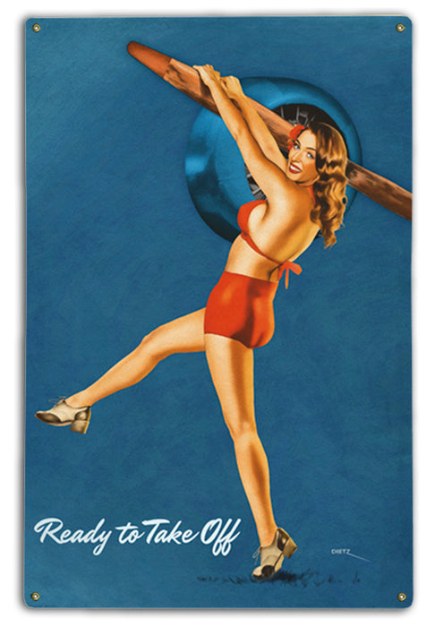 Ready For Take Off Propeller Vintage Pin-Up Art Rendering - Prints54.com