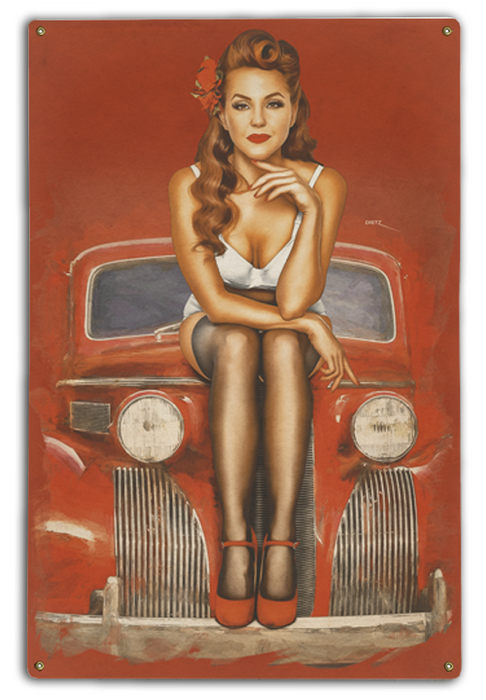 Red Car Cutie Classic Automobile Vintage Pin-Up Girl Art Rendering - Prints54.com