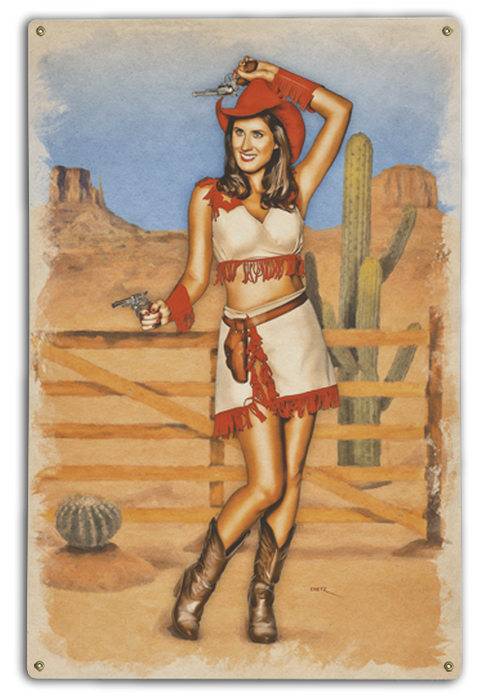 Americana Western Cowgirl Six Shooter Sweetie Vintage Pin-Up Girl Art Rendering - Prints54.com