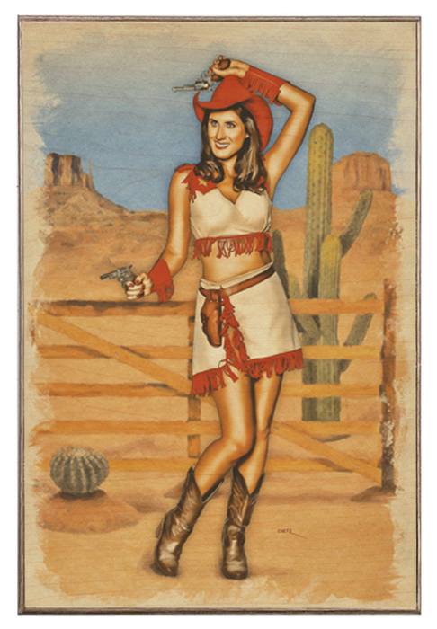 Americana Western Cowgirl Six Shooter Sweetie Vintage Pin-Up Girl Art Rendering - Prints54.com