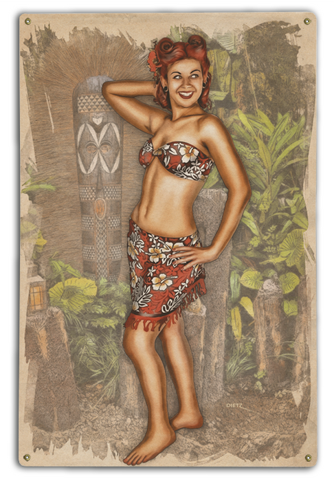 Tiki Time Island Girl Vintage Pin-Up Art Rendering - Prints54.com