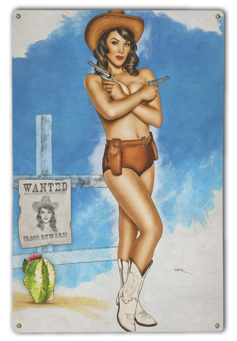 Wanted Woman Cowgirl Bandit Western Vintage Pin-Up Girl Art Rendering - Prints54.com