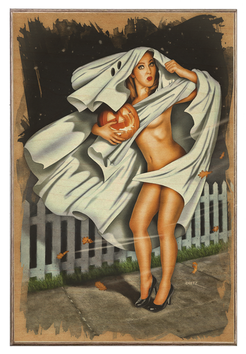 Halloween Vintage Pin-Up Girl Windy Reveal Ghost Art Rendering - Prints54.com