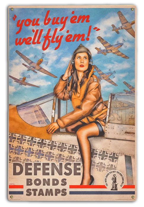 Defense Bonds You Buy 'Em, We'll Fly 'Em Military Vintage Pin-Up Girl Art Rendering - Prints54.com